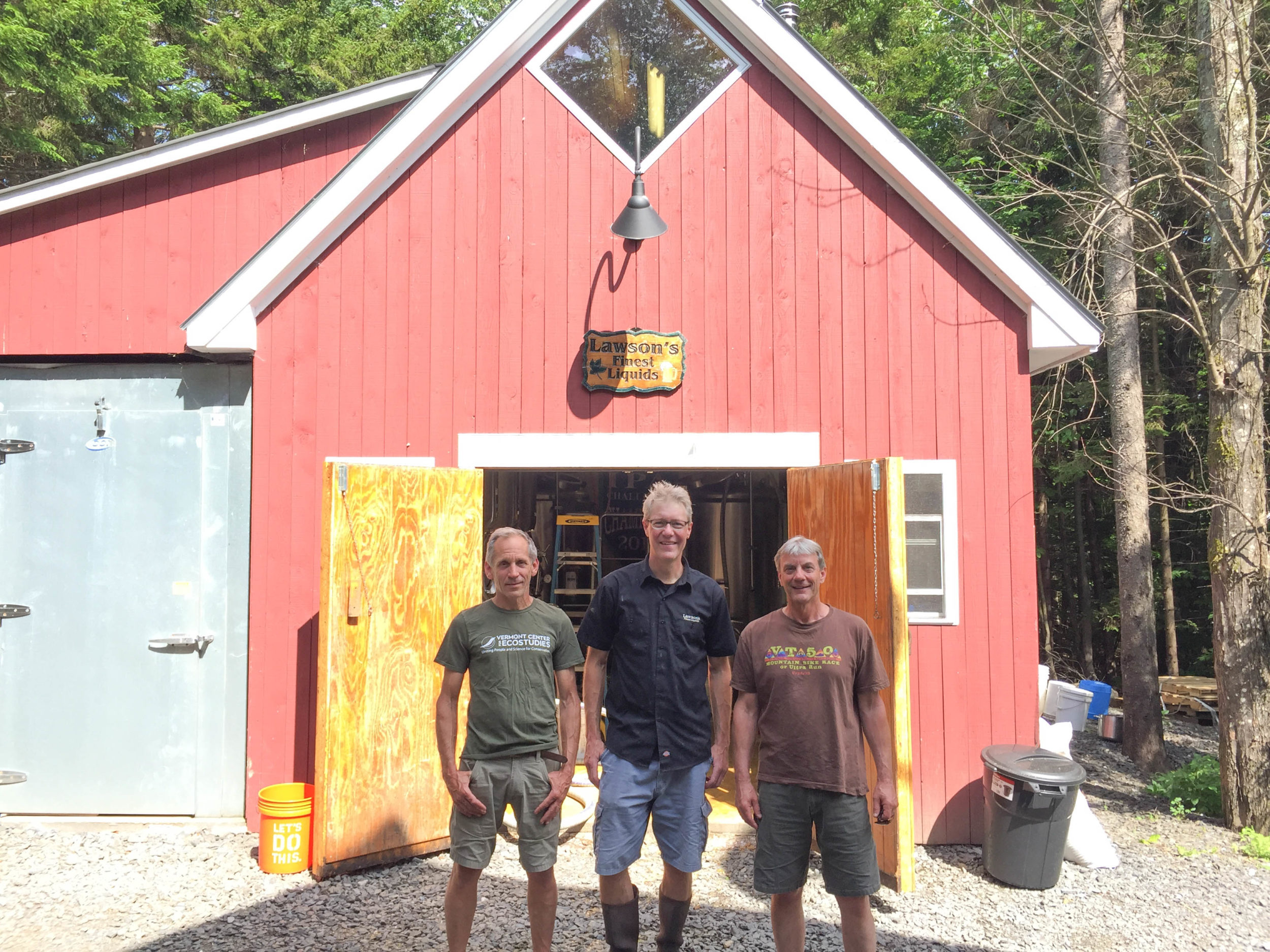 Chris Rimmer, Sean Lawson, and Steve Faccio outside Lawson's home brewery. / © Lawson's Finest Liquids