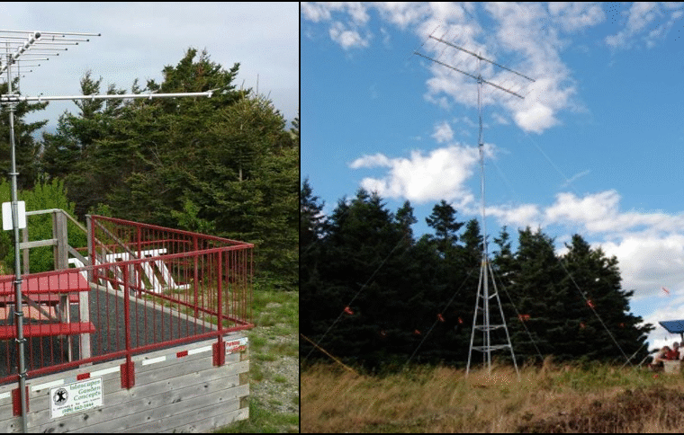 Examples of Motus tower arrays on Grand Manan Island, New Brunswick (left) and in a field (right). Photos courtesy of Birds Canada.